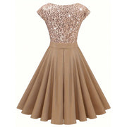 Women's Sequin V Neck Evening Dress with Cap Sleeves and Pleated Skirt