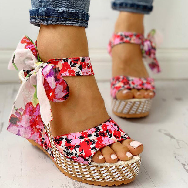 Floral Bow knot Wedge Sandals 