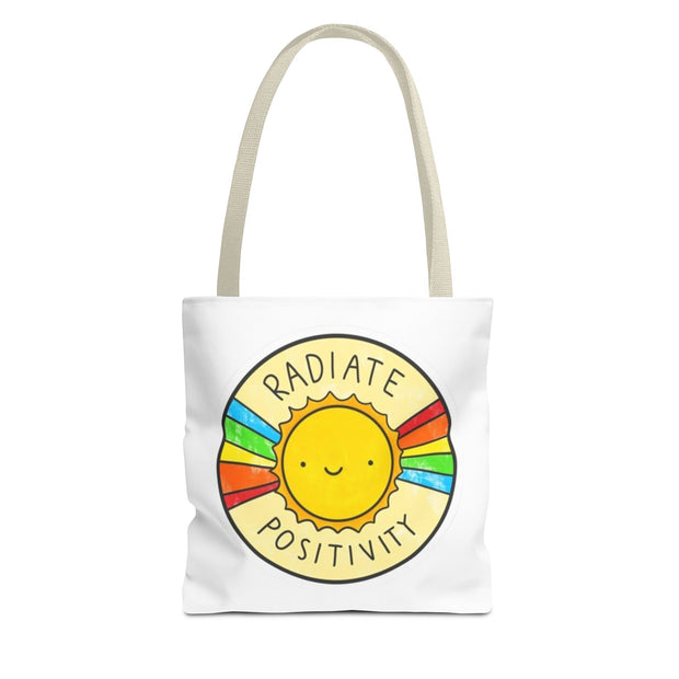 Tote bag with a sun design and 'Radiate Positivity' text on a white background