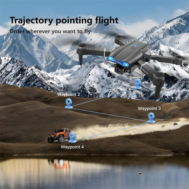 Drone with waypoint markers against a mountainous landscape