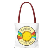 Tote bag with a sun design and 'Radiate Positivity' text on a white background