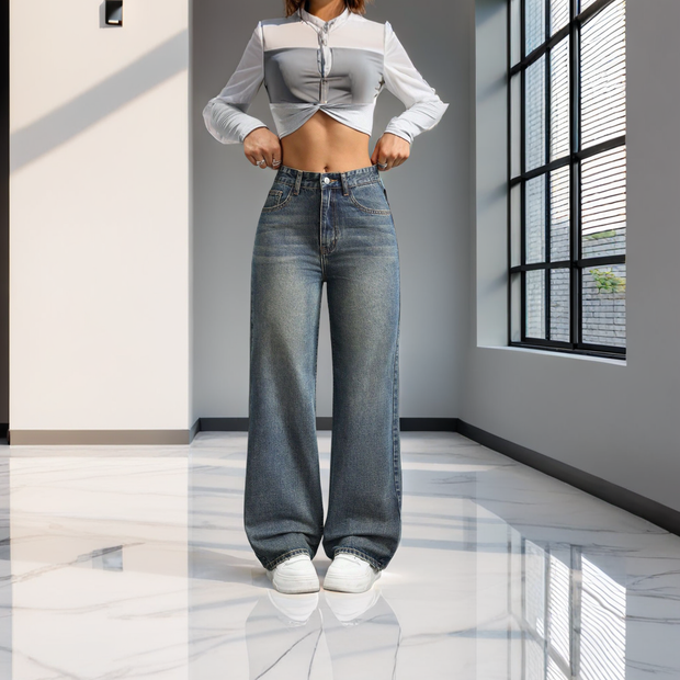 Women's Wide-Leg High-Waist Jeans with Multi-Pockets