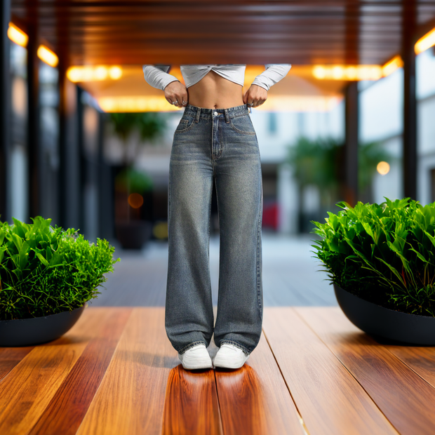 Women's Wide-Leg High-Waist Jeans with Multi-Pockets