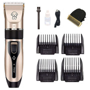 Dog hair clipper with ceramic blade, charging cable, comb attachments, and grooming accessories for efficient pet grooming.
