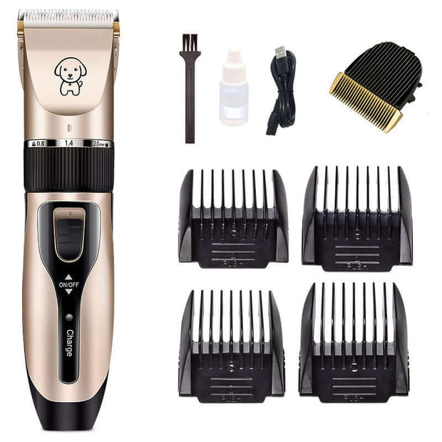 Dog hair clipper with ceramic blade, charging cable, comb attachments, and grooming accessories for efficient pet grooming.
