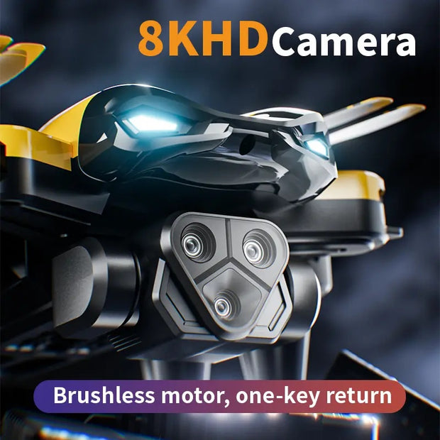 8K HD camera drone with brushless motor and one-key return feature on a dark background