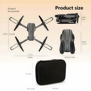 Black drone with its case, showing product size and accessories on a beige background