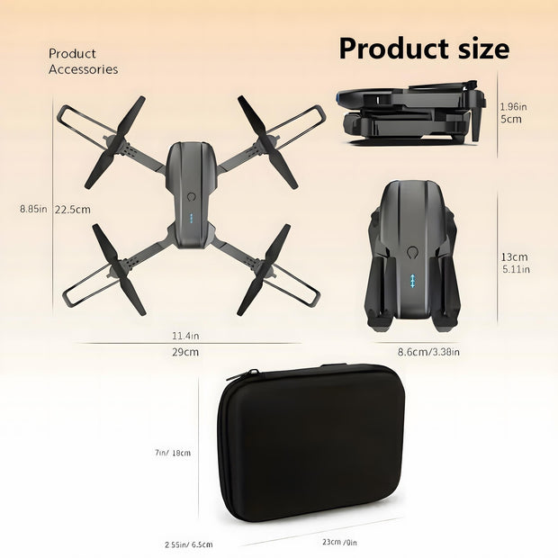 Black drone with its case, showing product size and accessories on a beige background