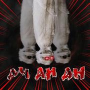 Mummy-like legs with glowing red eyes on a dark background with red text and lines.
