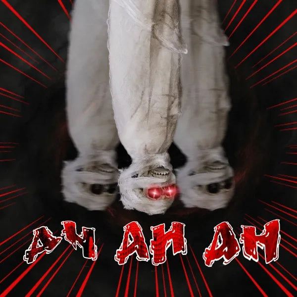 Mummy-like legs with glowing red eyes on a dark background with red text and lines.