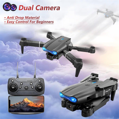Drone with dual camera, anti-drop material, and easy control for beginners on a cloudy sky background.