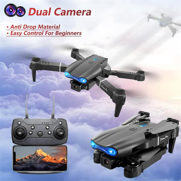 Drone with dual camera, anti-drop material, and easy control for beginners on a cloudy sky background.