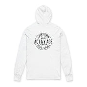 White hoodie with black text on a white background