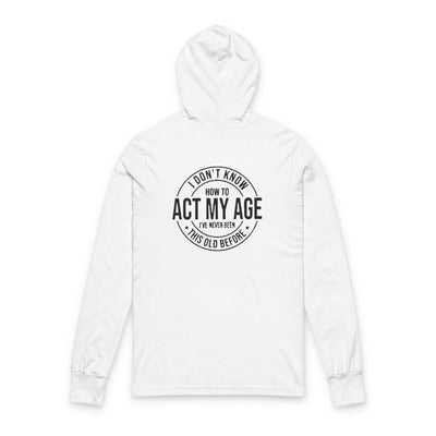 White hoodie with black text on a white background