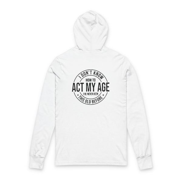 White hoodie with black text on a white background