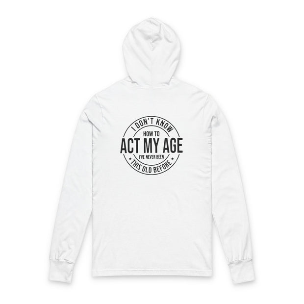 White hoodie with black text on a white background