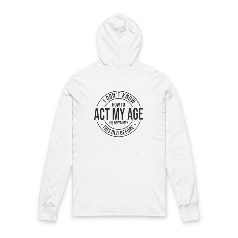 White hoodie with black text on a white background