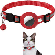 Red cat collar with a bell and reflective patch, worn by a cat on a white background