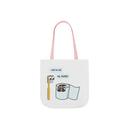 White tote bag with cartoon designs of a toothbrush and toilet paper on a white background