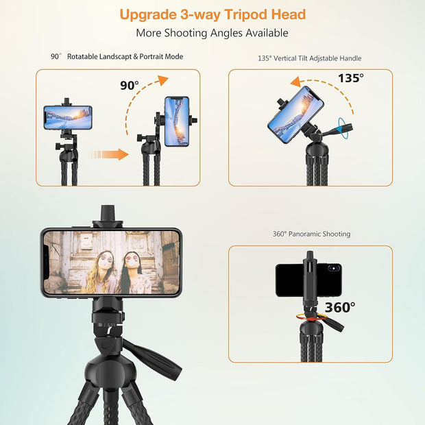 3-way tripod head with smartphone holder showing different shooting angles on a light blue background