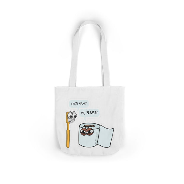 White tote bag with cartoon toothbrush and toilet paper design on a white background