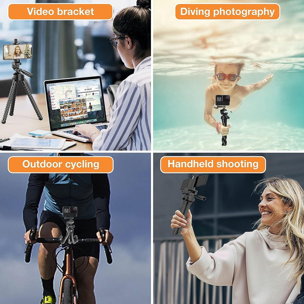 Collage of a video bracket in use for different activities including video editing, underwater photography, outdoor cycling, and handheld shooting.