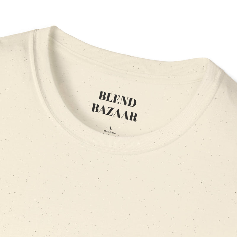 Beige t-shirt with 'BLEND BAZAAR' text on a white background