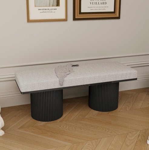 Light Grey Boucle Upholstered Bench with Bold Black Legs – Elevate Your Bedroom & Living Room Style Effortlessly!