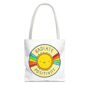 Tote bag with a sun design and 'Radiate Positivity' text on a white background