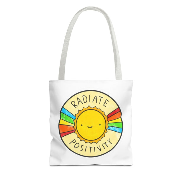Tote bag with a sun design and 'Radiate Positivity' text on a white background