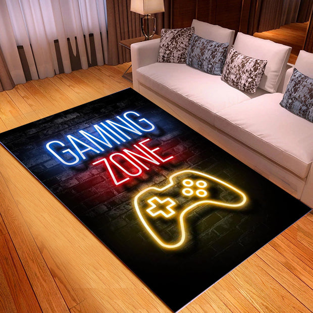Gaming zone rug with neon lights in a living room setting