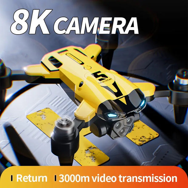 Yellow drone with 8K camera and long-range video transmission features on a dark background