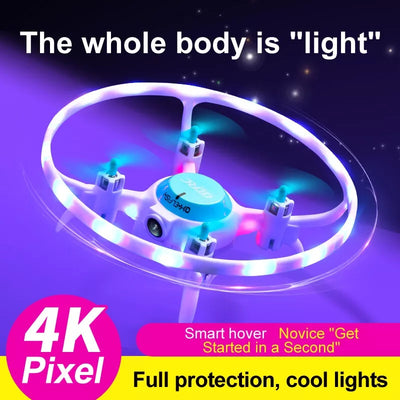 Small drone with LED lights on a purple background, featuring text about its features.