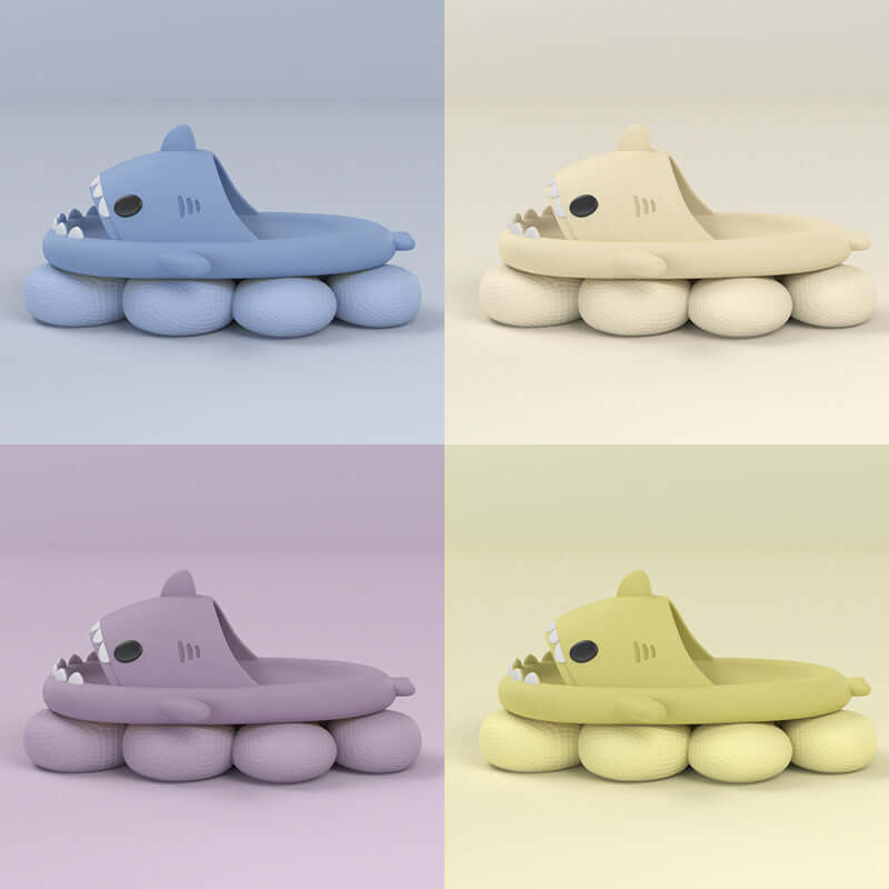 Colorful cartoon shark slippers in blue, yellow, purple, and green, designed for fun indoor and outdoor use.