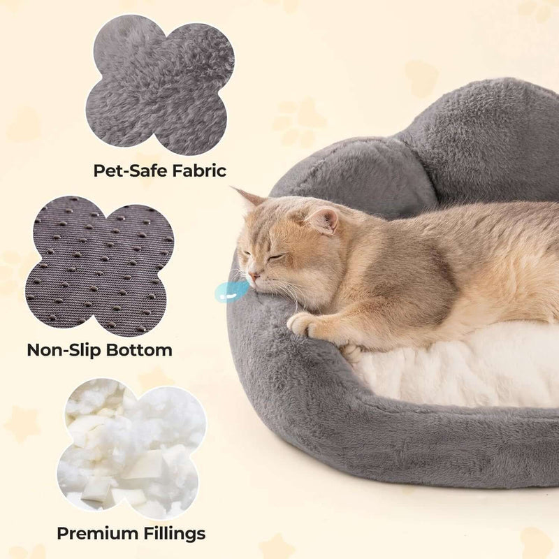 Cozy MEWOOFUN Cat & Small Dog Bed - Fluffy, Washable Flower Sofa with Non-Slip Bottom for Happy Indoor Pets, Grey, 23"