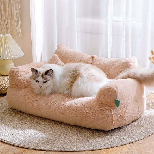 Cat lying on a plush pink pet bed in a bright room with white curtains.