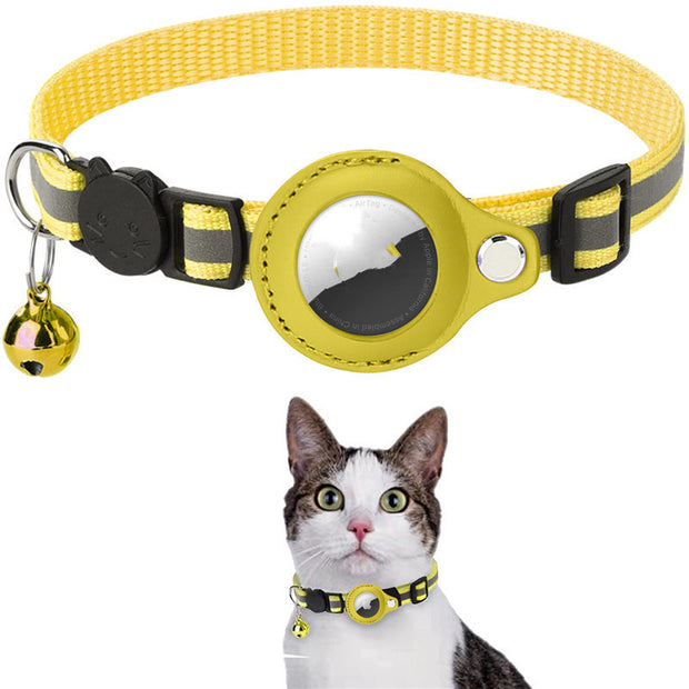 Yellow cat collar with a bell and reflective tag on a white background, featuring a cat wearing the collar.