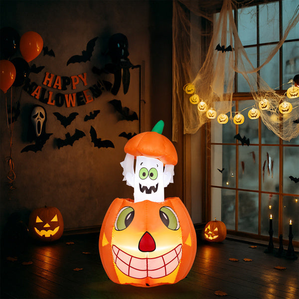 Halloween-themed inflatable decoration with pumpkins and ghost in a decorated room.