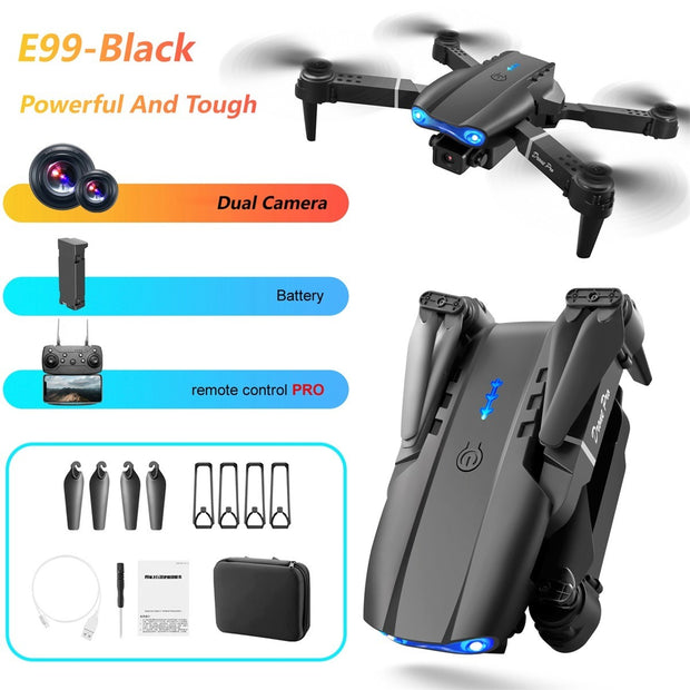Black drone with dual camera, battery, remote control, and accessories on a white background