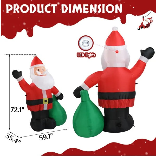 Inflatable Santa Claus with LED lights, dimensions, and product name on a red background