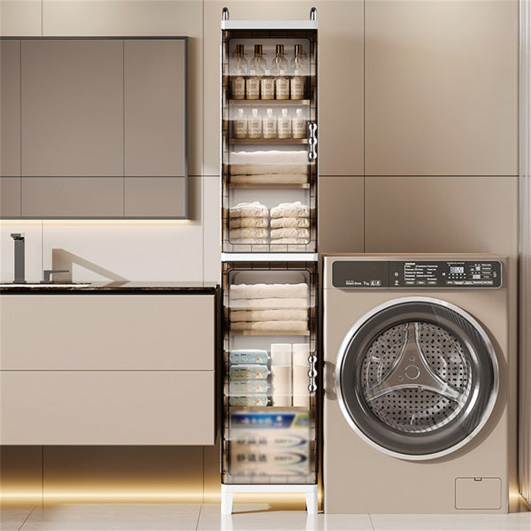 Modern kitchen with built-in washer and pull-out shelves.