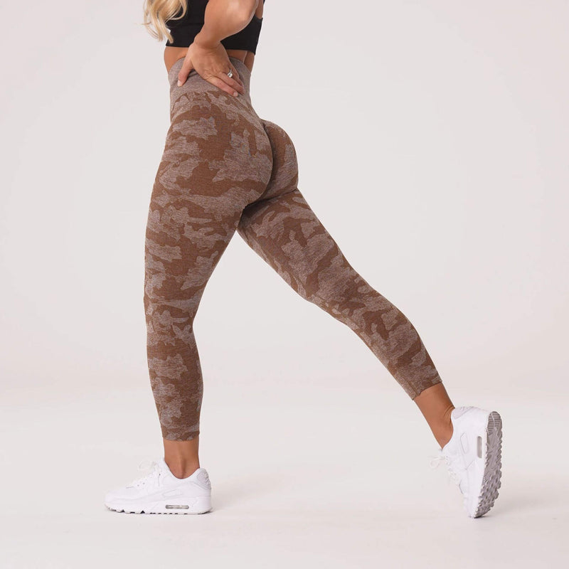 Fashionable brown camo yoga leggings for ultimate comfort and flexibility, featuring a high-waist style.