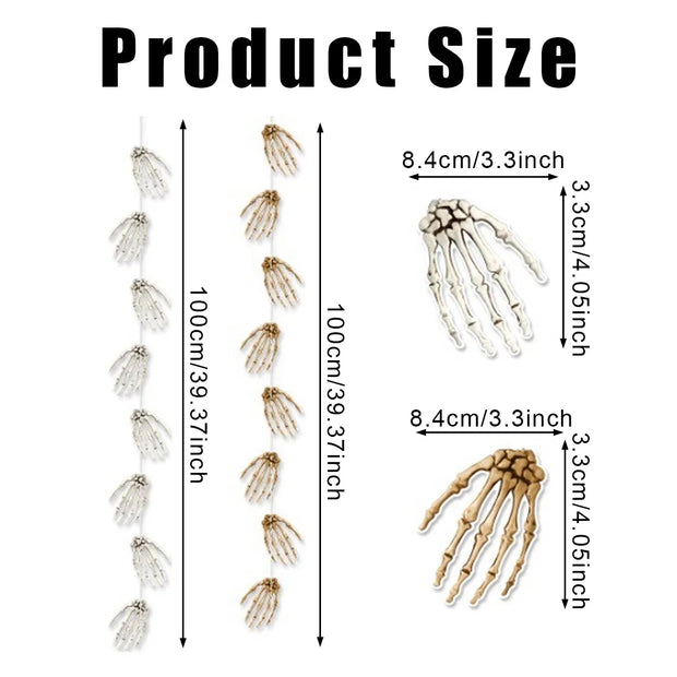 Measurement chart showing the size of skeleton hand and foot props with clear and gold color options.