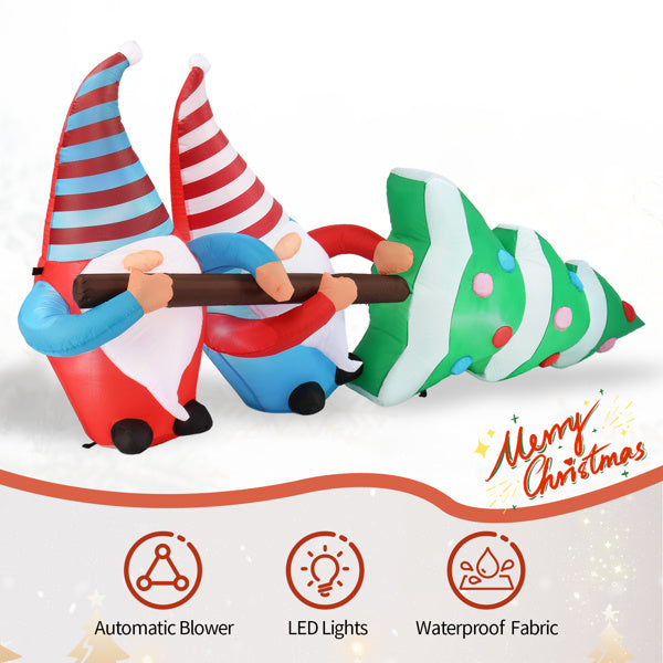 Inflatable Christmas gnomes and tree with LED lights and automatic blower features on a white background.