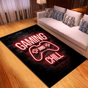 Gaming and Chill rug in a living room setting with a couch and lamp.