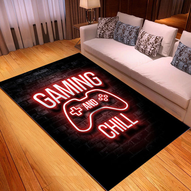 Gaming and Chill rug in a living room setting with a couch and lamp.