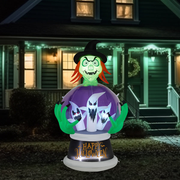 Witch Crystal Ball Inflatable Decoration W/ 6 LED & RGB Lights, 5.9ft