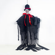 Halloween decoration of a ghostly figure with a black top hat and red ribbon on a white background