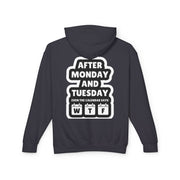 Navy hoodie with white text on the back on a white background