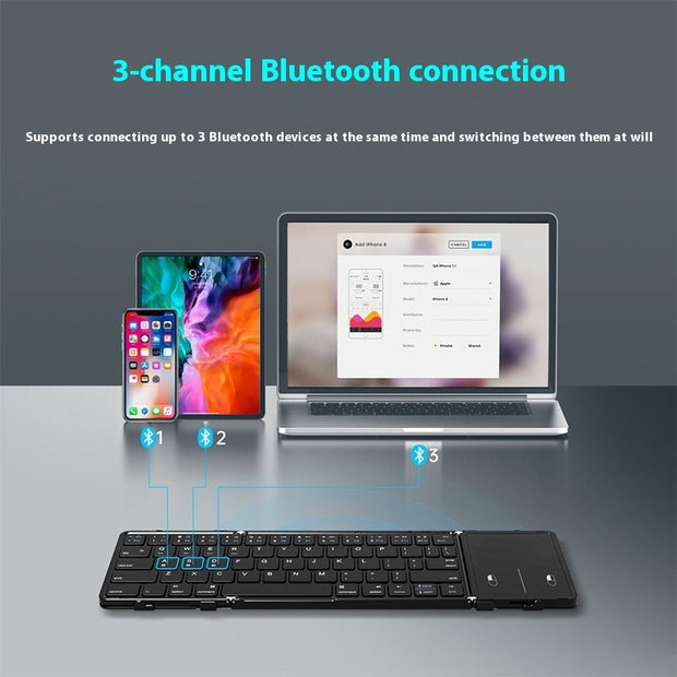 Wireless keyboard with 3-channel Bluetooth connection features shown on a laptop and smartphone.